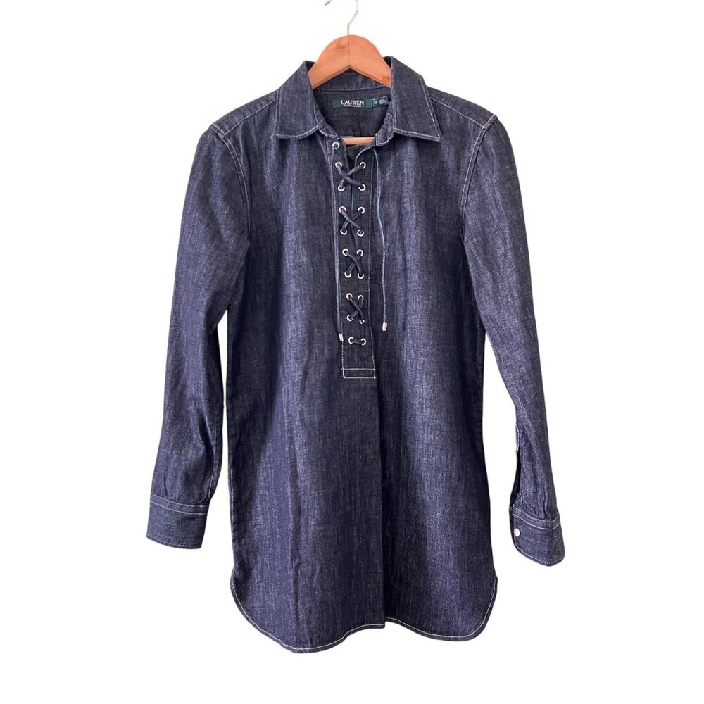 Lauren Ralph Lauren Denim Lace-Up Tunic Shirt XS 100% Cotton Long Sleeve… - Picture 2 of 16